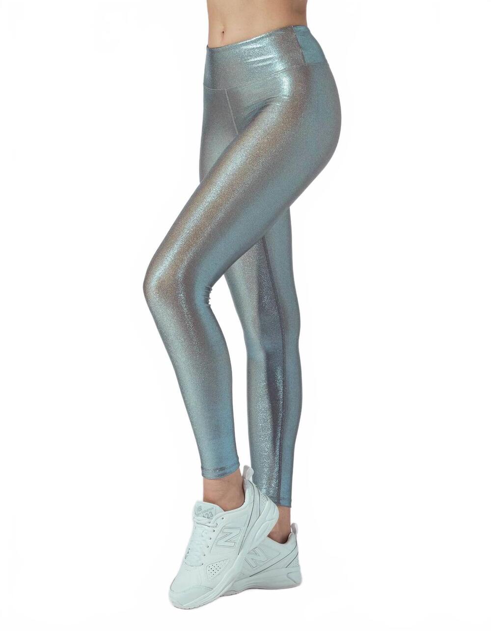 NEW HEROINE SPORT marvel metallic performance legging in beige aqua